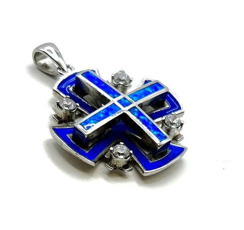 Sterling Silver Enamel with Opal Jerusalem Cross Pendant